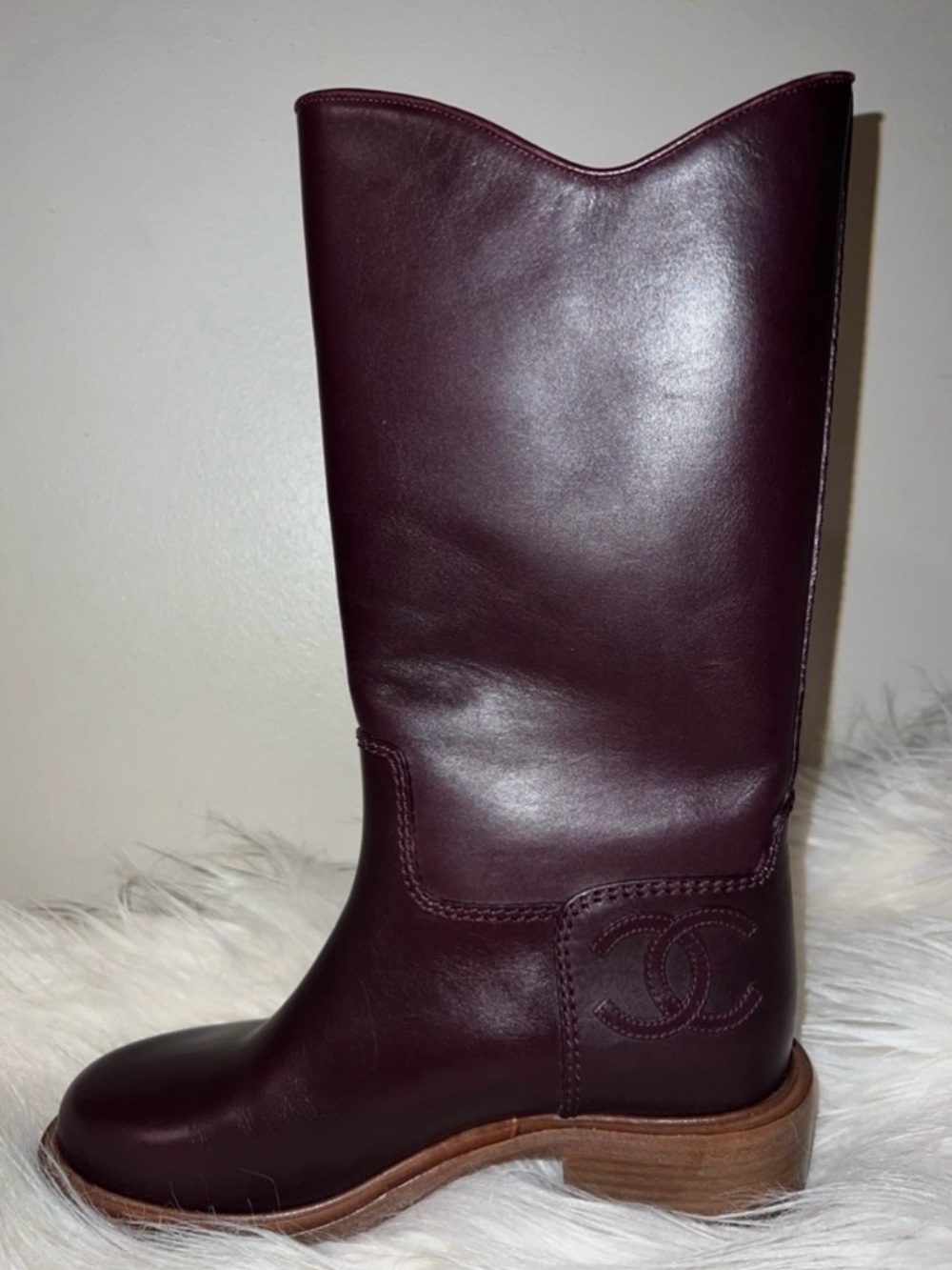 CHANEL Burgundy Leather Mid-Calf Logo Boot
